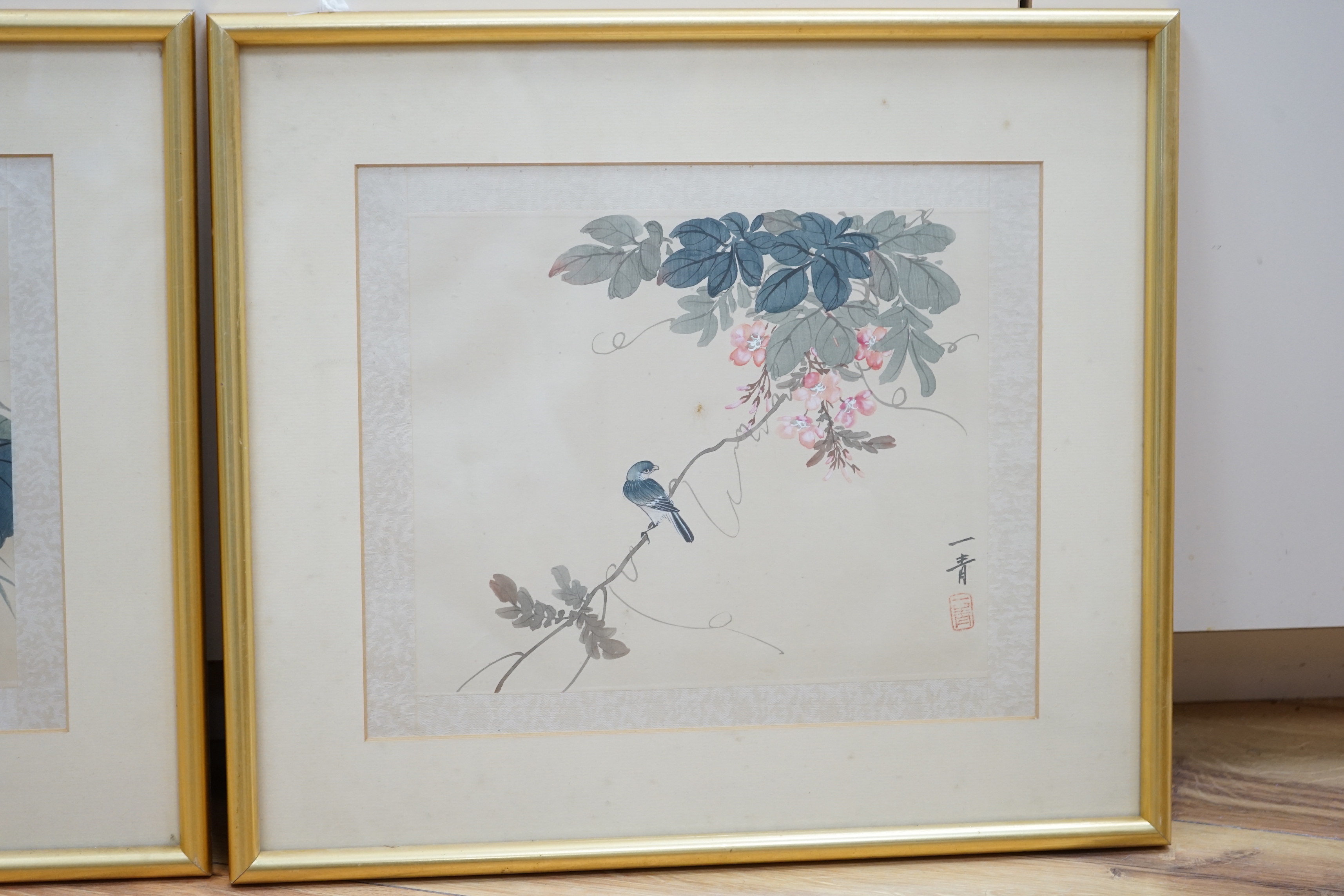 Japanese School, pair of watercolours, Birds amongst foliage, 20 x 25cm